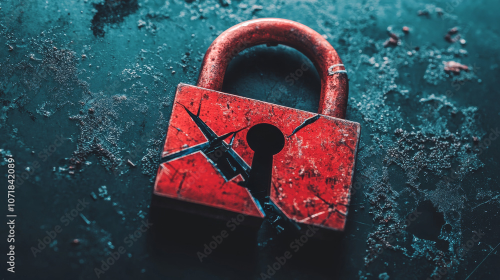 Poster a red broken padlock warns of a security breach. data is under attack, passwords are compromised, an