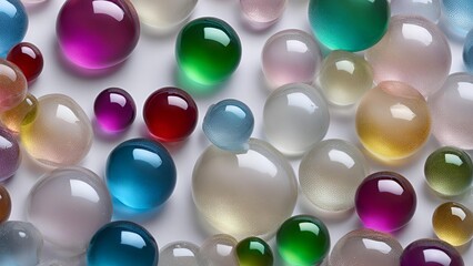 3D transparent colorful bubbles on a gray background look realistic.
