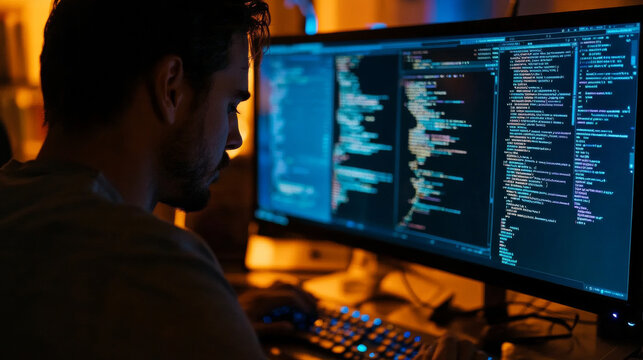 A programmer is working on a computer, writing code to create new software. This image is great for showing the work of coders, IT professionals, and software developers.
