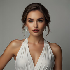 Full body young model woman elegant  white and blue fashion model