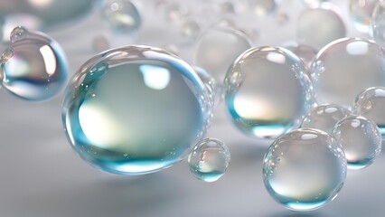 Realistic white transparent bubbles stacked on a gray background.