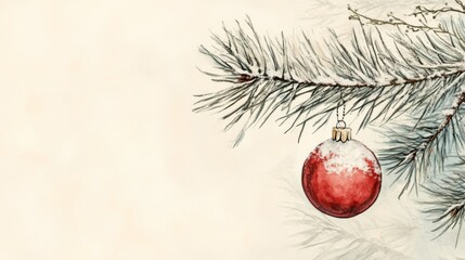 A Red Christmas Ornament Hanging from a Snowy Pine Branch