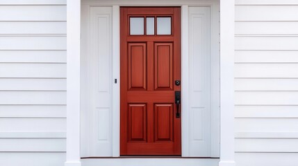 Obraz premium Bright red wooden front door on a cozy traditional suburban house exterior with white painted wood siding and classic architecture The entrance is welcoming and inviting