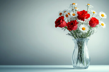 Obraz premium Elegant Red and Pink Rose Bouquet in Glass Vase on White Background