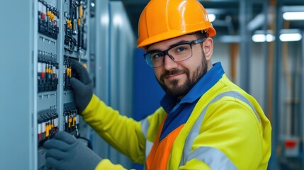 Confident male construction worker in safety gear examining electrical panel in an industrial facility  Skilled technician working on electrical maintenance and repair