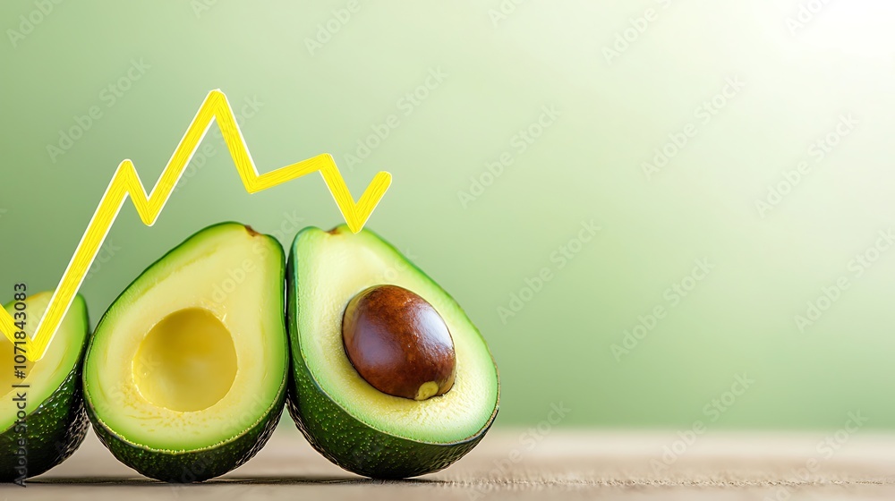 Poster three avocados are displayed on a table with a yellow line going through them. the line represents a