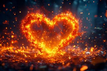 Fototapeta premium Fiery Heart Shape in Dramatic Flames with Sparks