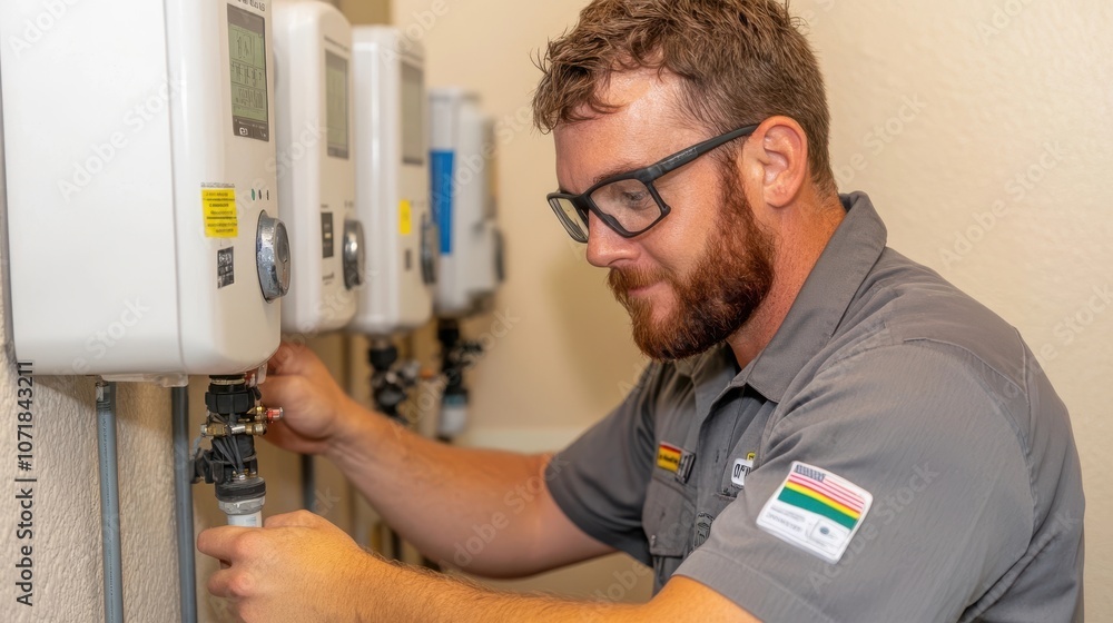 Poster repairman in uniform working on utility system repairs plumber troubleshooting and fixing pipes tech
