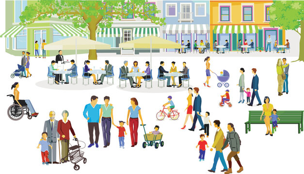 Menschengruppen  in der Freizeit im Wohnviertel mit Gastronomie, Illustration