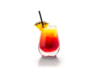 Pirate's Punch A tropical glass with vibrant red liquid pineapple wedge and cherry with rum
