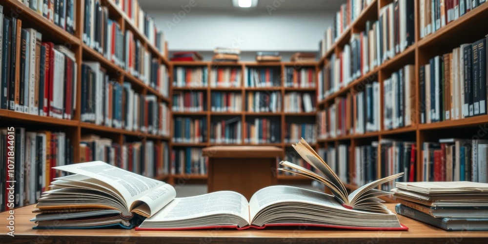 Poster old open textbook stack piles on reading desk in library with aisle of bookshelves in school study c