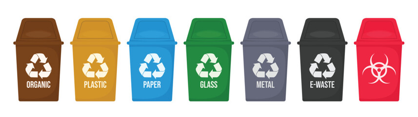 Garbage recycle bins set plastic glass metal organic paper e waste sorting recycle 