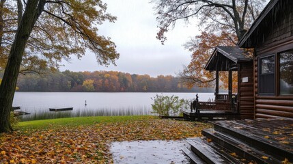 Quiet lake and house forest in autumn rain