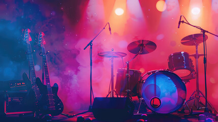 vibrant stage setup featuring musical instruments, including drums and bass guitars, illuminated by colorful lights, creating energetic atmosphere for live performance