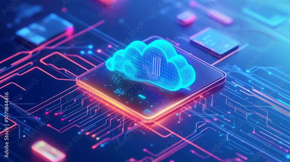 Poster a simple picture showing the idea of cloud computing. it uses abstract shapes to represent how data 