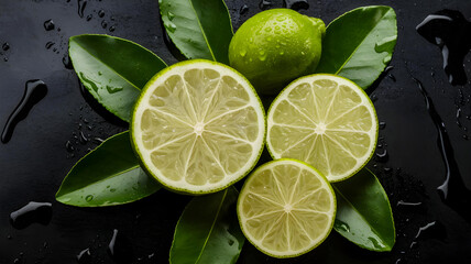 Fresh juicy limes and green leaves arrangement on black background 