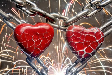 A collection of Cracked Hearts Linked Together by Chains Set Against a Festive Fireworks Background