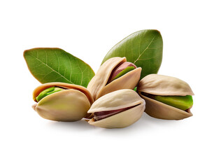 Pistachio with leaves on white background