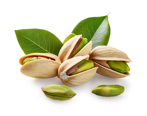 Pistachio with leaves on white background