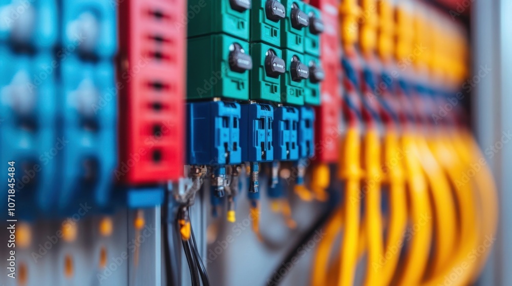 Poster closeup view of an intricate electronic circuit board with interconnected wiring power modules and v