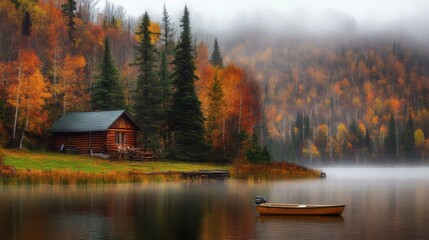 Quiet lake and house forest in autumn rain