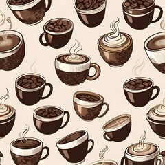 Obraz premium Vintage Coffee Bean and Mug Pattern with Steaming Cups, Rustic Designs, and Cozy Café Vibe