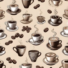 Obraz premium Vintage Coffee Bean and Mug Pattern with Steaming Cups, Rustic Designs, and Cozy Café Vibe