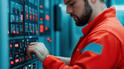Concentrated male technician in red uniform closely monitoring high tech digital data server rack hub in modern control room with glowing blue and red displays and panels