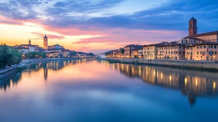 Obraz premium tranquil cityscape at dawn with soft pastel hues in the sky, a calm river reflecting the outlines of historic buildings along the shoreline