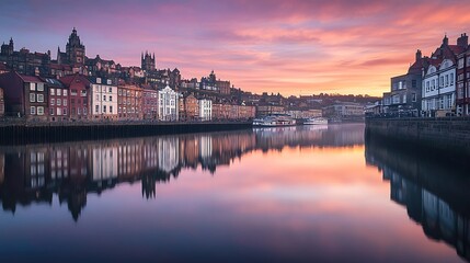 tranquil cityscape at dawn with soft pastel hues in the sky, a calm river reflecting the outlines of historic buildings along the shoreline