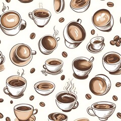 Obraz premium Vintage Coffee Bean and Mug Pattern with Steaming Cups, Rustic Designs, and Cozy Café Vibe