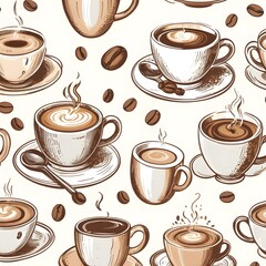 Vintage Coffee Bean and Mug Pattern with Steaming Cups, Rustic Designs, and Cozy Caf&eacute; Vibe