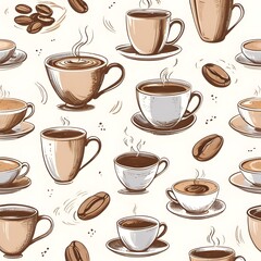 Obraz premium Vintage Coffee Bean and Mug Pattern with Steaming Cups, Rustic Designs, and Cozy Café Vibe