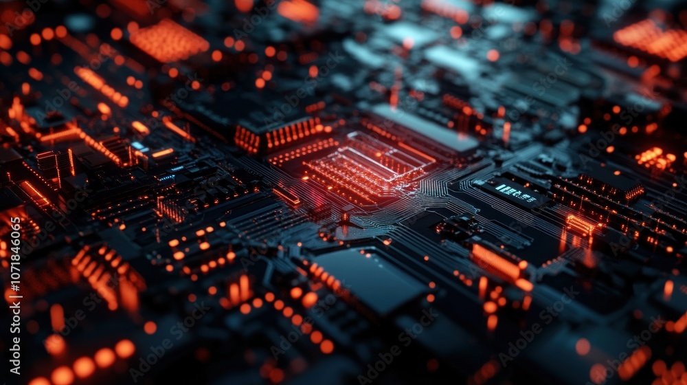 Poster a close-up view of a circuit board with glowing orange elements, showcasing technology.