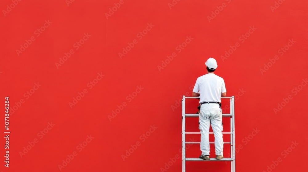 Poster a determined worker standing on a ladder reaching up to a higher level symbolizing the pursuit of su