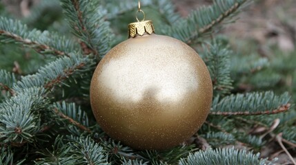 Gold Glitter Christmas Ornament on Evergreen Branch