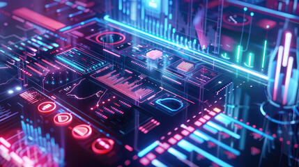 Obraz premium Futuristic digital interface with vibrant neon colors and data visualizations, showcasing graphs and charts in high tech environment