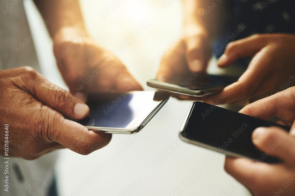 Poster texting, group or hands of people with phone for networking, notification or connection. share, tech