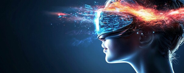 Fototapeta premium A futuristic profile of a person wearing a VR headset, surrounded by glowing particles, representing the blend of technology and human experience.