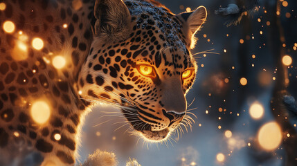 Close-up of a Leopard with Glowing Eyes in Winter Wonderland