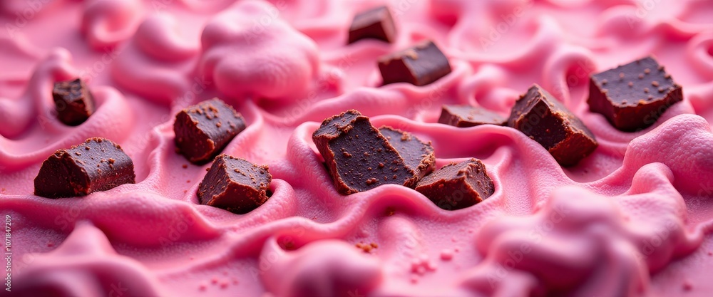 Poster a pink background with chocolate chips scattered on it. the chocolate chips are of different sizes a