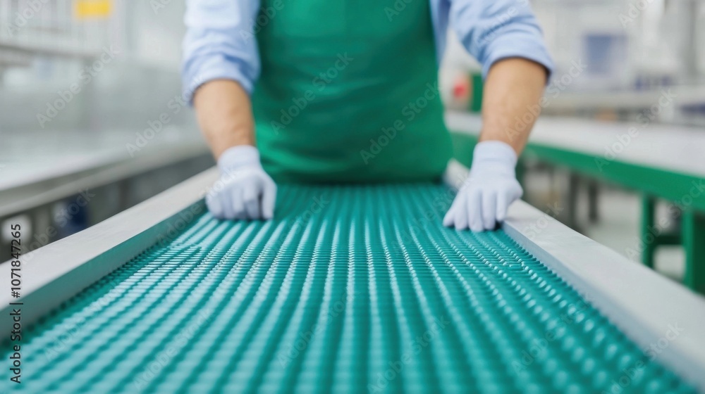 Poster overhead view of a green conveyor belt moving through an automated industrial factory production lin