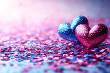 Fototapeta premium Blue and Red Heart Confetti Spread on White Background