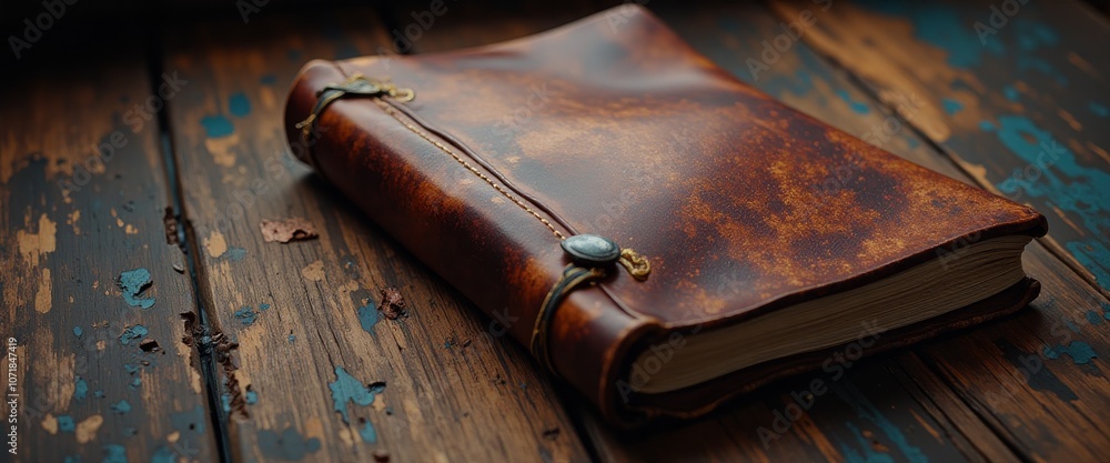 Poster a leather bound book with a gold clasp sits on a wooden table. the book is open to a page with a pic