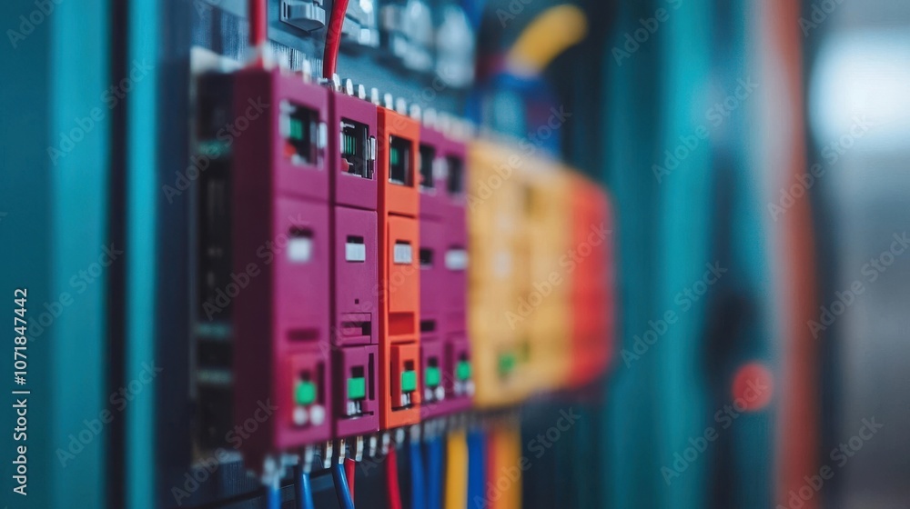 Poster close up view of a colorful power distribution control panel with various electronic devices circuit