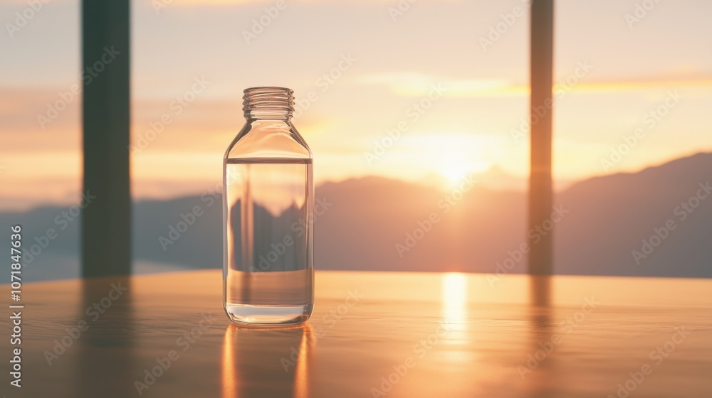 Poster a bottle of water sits on a table in front of a window