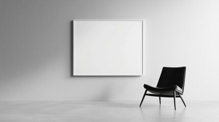 A black chair sits in front of a white wall with a large blank frame