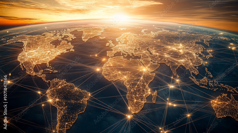 Poster a world map showing interconnected lines and dots, representing a global network of businesses and c