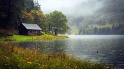 Quiet lake and house forest in autumn rain