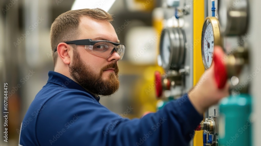 Poster portrait of a skilled technician or engineer wearing protective workwear and using tools to fix or a
